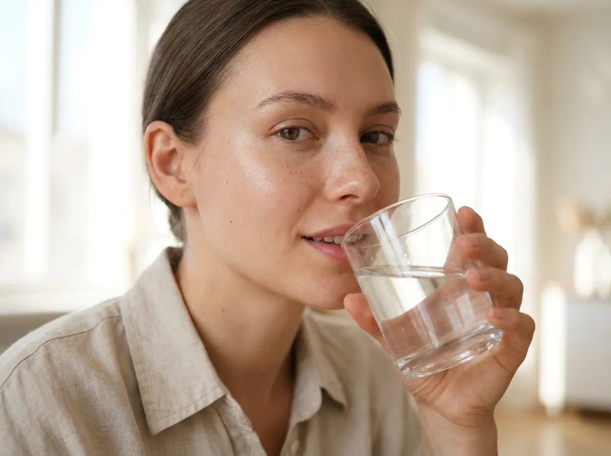 Femme au teint lumineux naturel buvant un verre d'eau - hydratation et éclat de peau