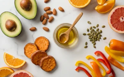 alimentation femme (3) Aliments bons pour la peau - avocat amandes patate douce agrumes graines - nutrition beauté"