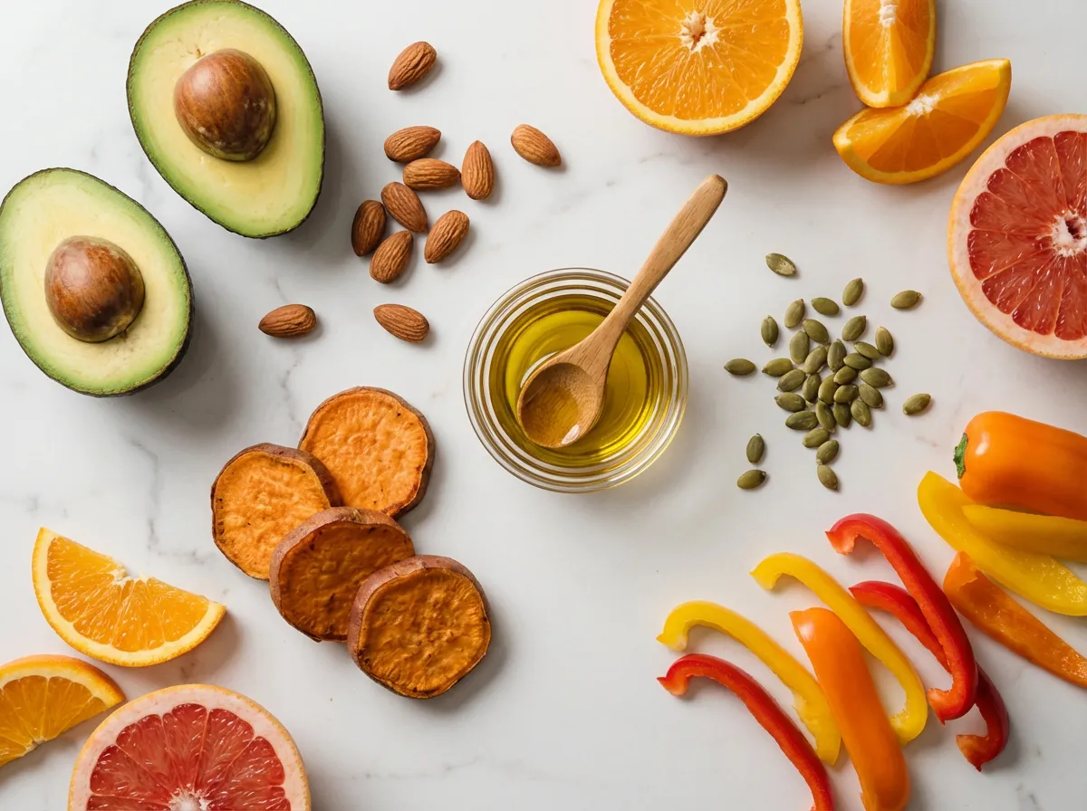 alimentation femme (3) Aliments bons pour la peau - avocat amandes patate douce agrumes graines - nutrition beauté"