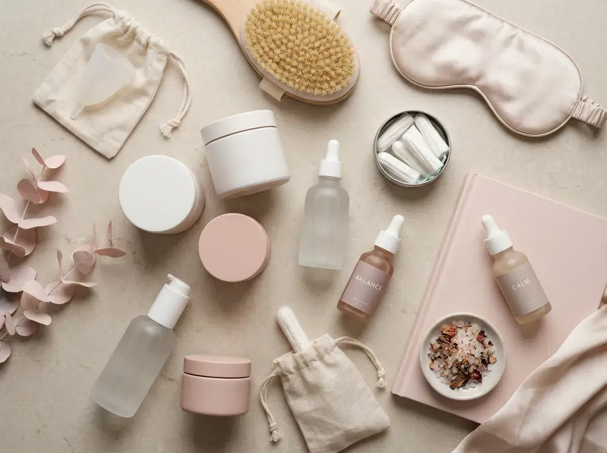 une gamme de produits intimes haut de gamme avec un emballage épuré, une palette de couleurs blanches et roses,