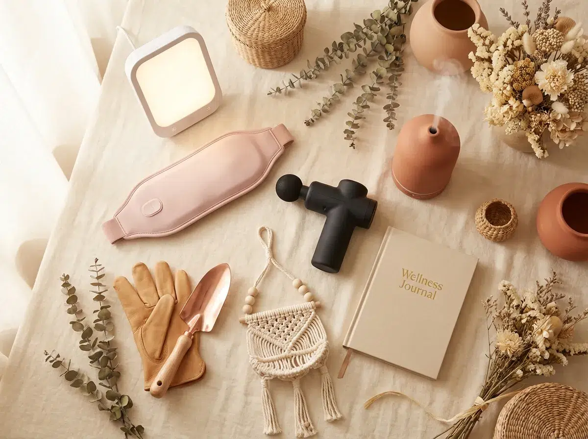 Sélection de cadeaux utiles pour femmes disposés en flat lay élégant : ceinture chauffante, lampe de luminothérapie, pistolet de massage, kit jardinage en cuir naturel, carnet bien-être et diffuseur céramique sur fond lin crème avec fleurs séchées