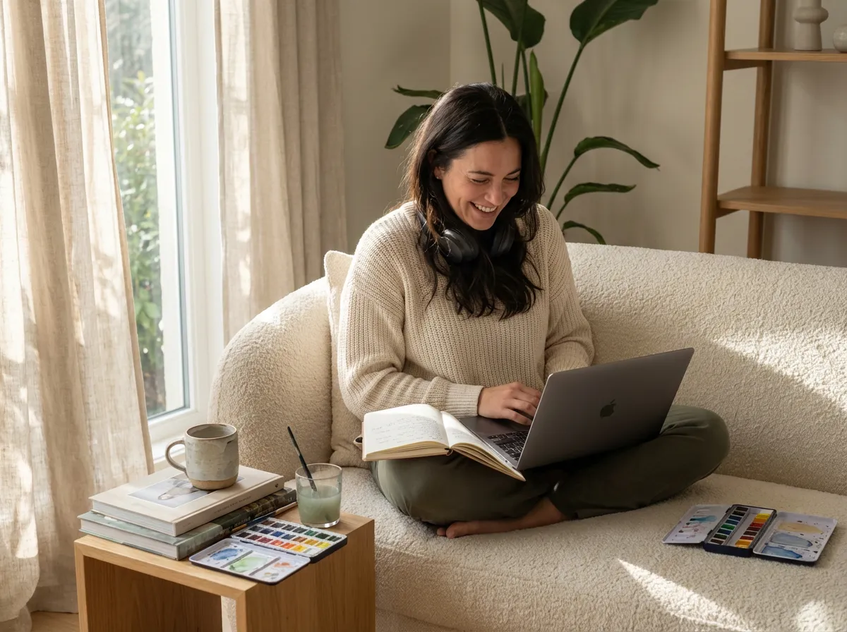 Femme souriante assise en tailleur sur un canapé bouclé crème avec un ordinateur portable ouvert, prenant des notes dans un carnet avec des aquarelles et des livres d'art autour d'elle, lumière naturelle d'après-midi, ambiance cours créatif à domicile joyeuse et inspirante