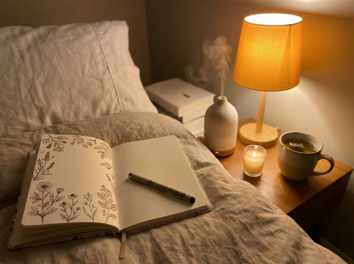 Rituel du soir en ambiance tamisée : carnet de suivi de cycle bien-être ouvert avec stylo fin, diffuseur d'huiles essentielles en céramique avec légère vapeur, bougie et tasse de tisane sur table de nuit, lumière dorée de lampe de chevet et linge blanc en arrière-plan