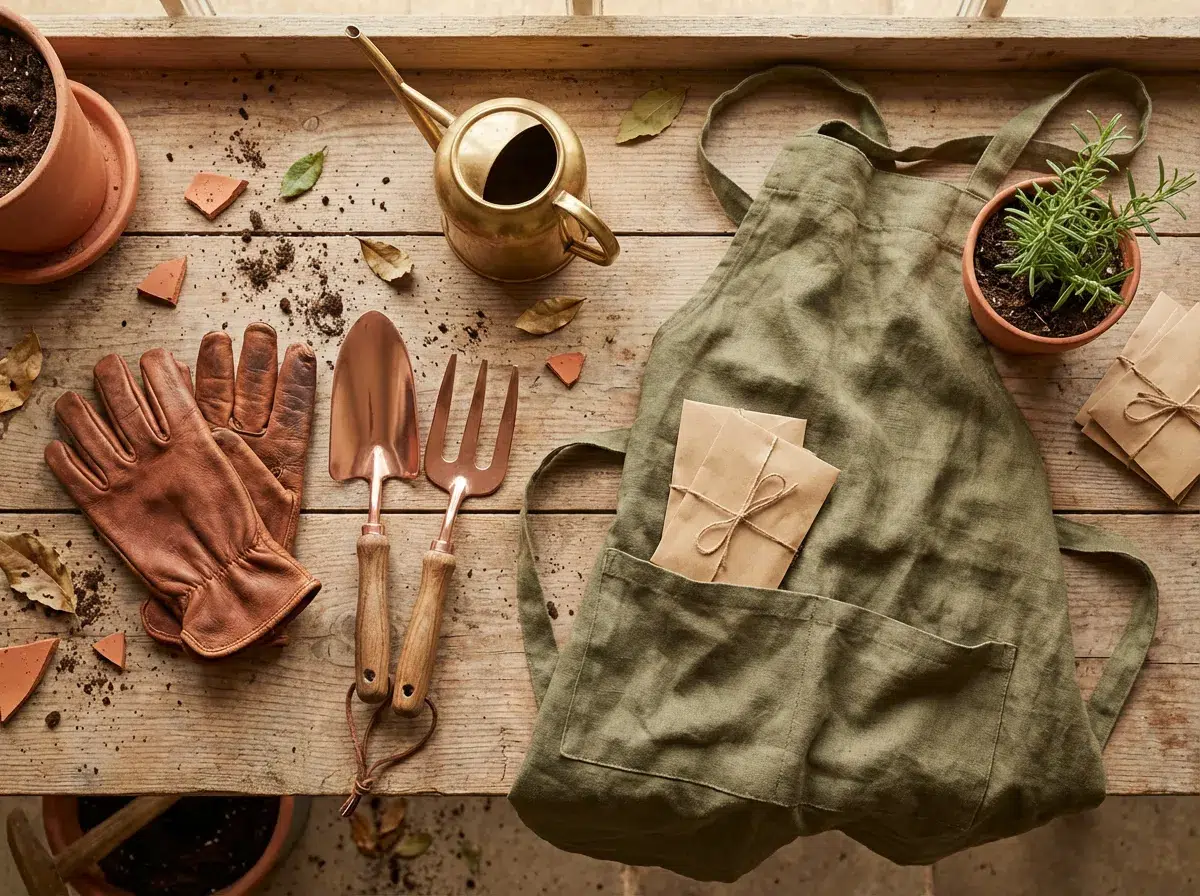 Kit jardinage haut de gamme en flat lay sur établi en bois vieilli : gants en cuir naturel dépliés, truelle et fourche à main finition cuivrée, petit arrosoir en laiton, tablier en lin et pot en terre cuite avec une pousse d'herbe aromatique, lumière naturelle chaude