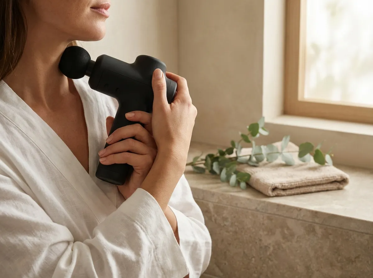 Femme en peignoir blanc lin tenant un pistolet de massage compact noir mat contre son épaule et sa nuque, arrière-plan épuré blanc et bois avec branche d'eucalyptus, ambiance spa à domicile