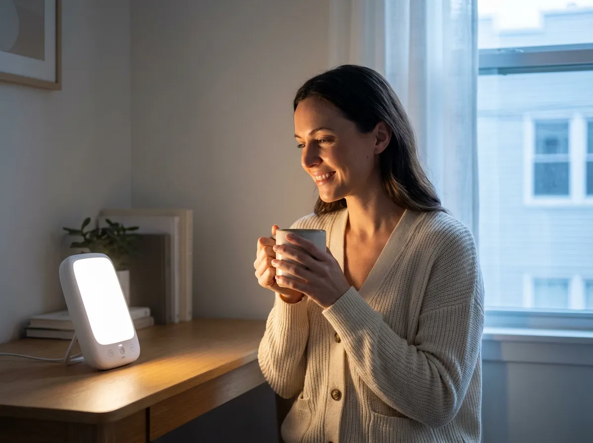 Femme dans la trentaine utilisant une lampe de luminothérapie blanche sur son bureau minimaliste le matin, tenant un mug en céramique, lumière thérapeutique projetée sur son visage, ambiance matinale douce