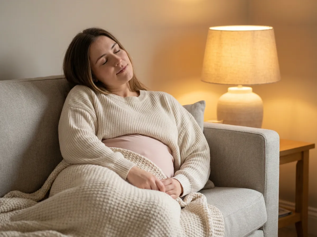 Jeune femme portant une ceinture chauffante vibrante rose pâle sous un pull crème, allongée confortablement sur un canapé, expression de soulagement, ambiance cocooning et bien-être à domicile