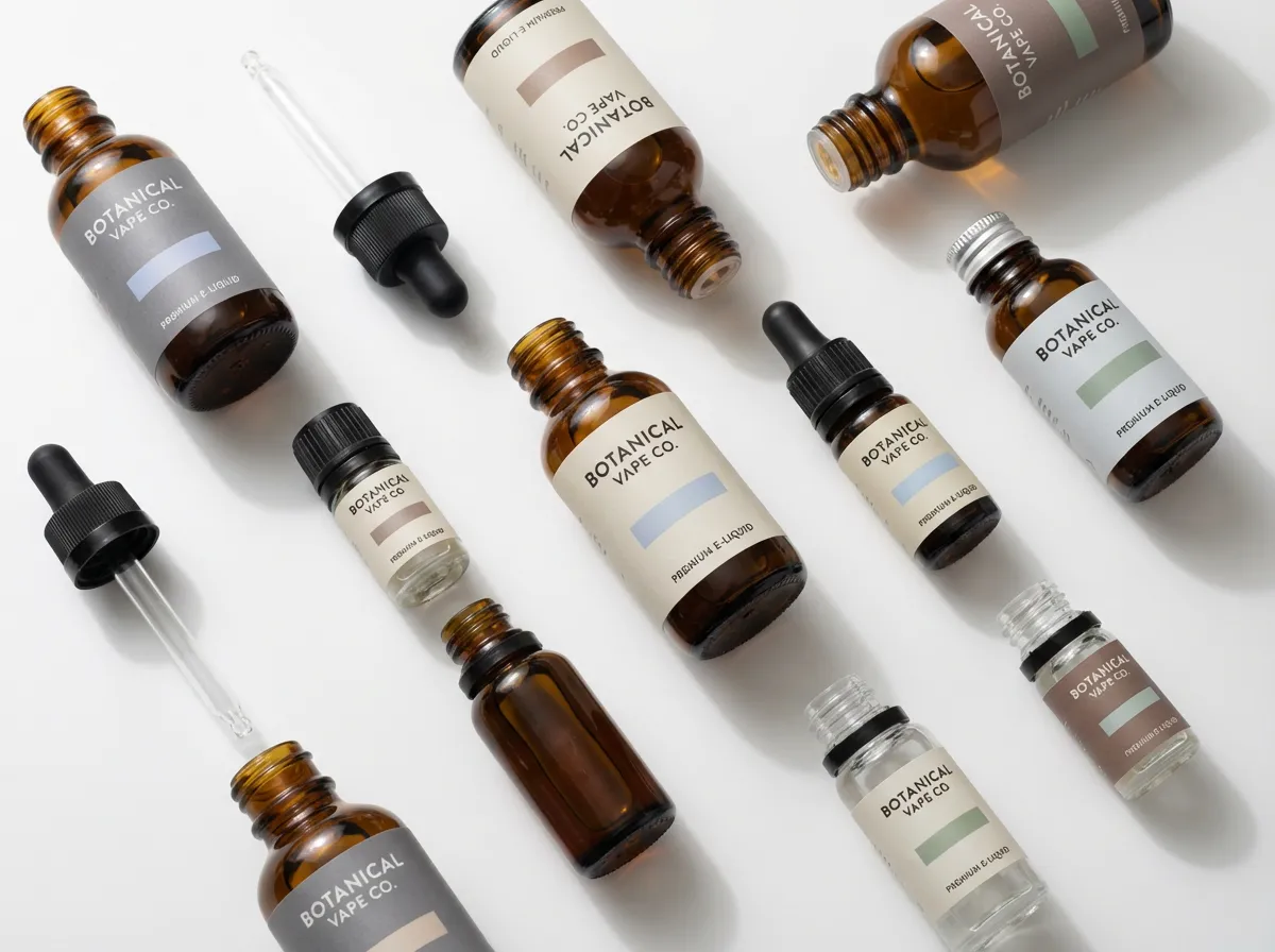 Différents flacons de liquide cigarette électronique en grands et petits formats sur fond blanc