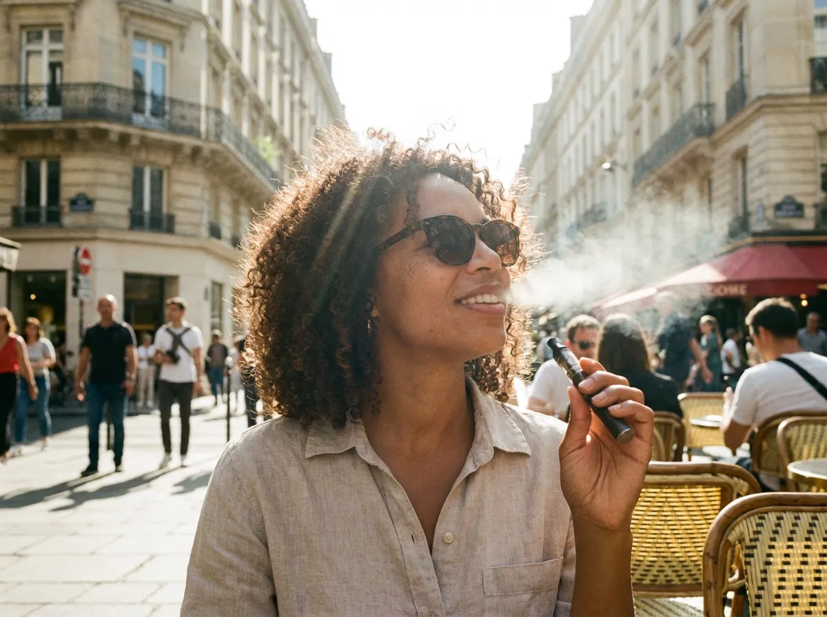 femme métisse en terrasse parisienne journée ensoleillée vapote