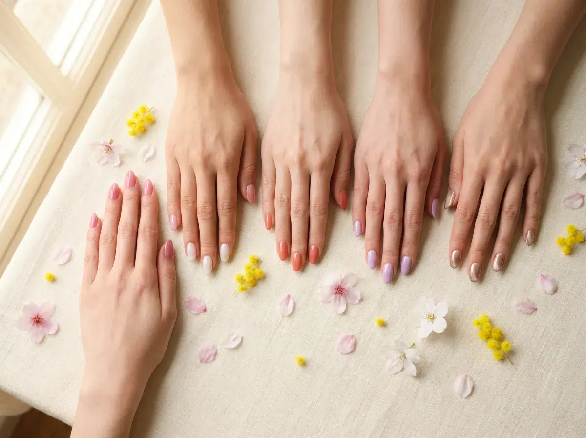 manucure printemps été 2026 cinq couleurs tendance rose glazé corail nude lilas cat eye