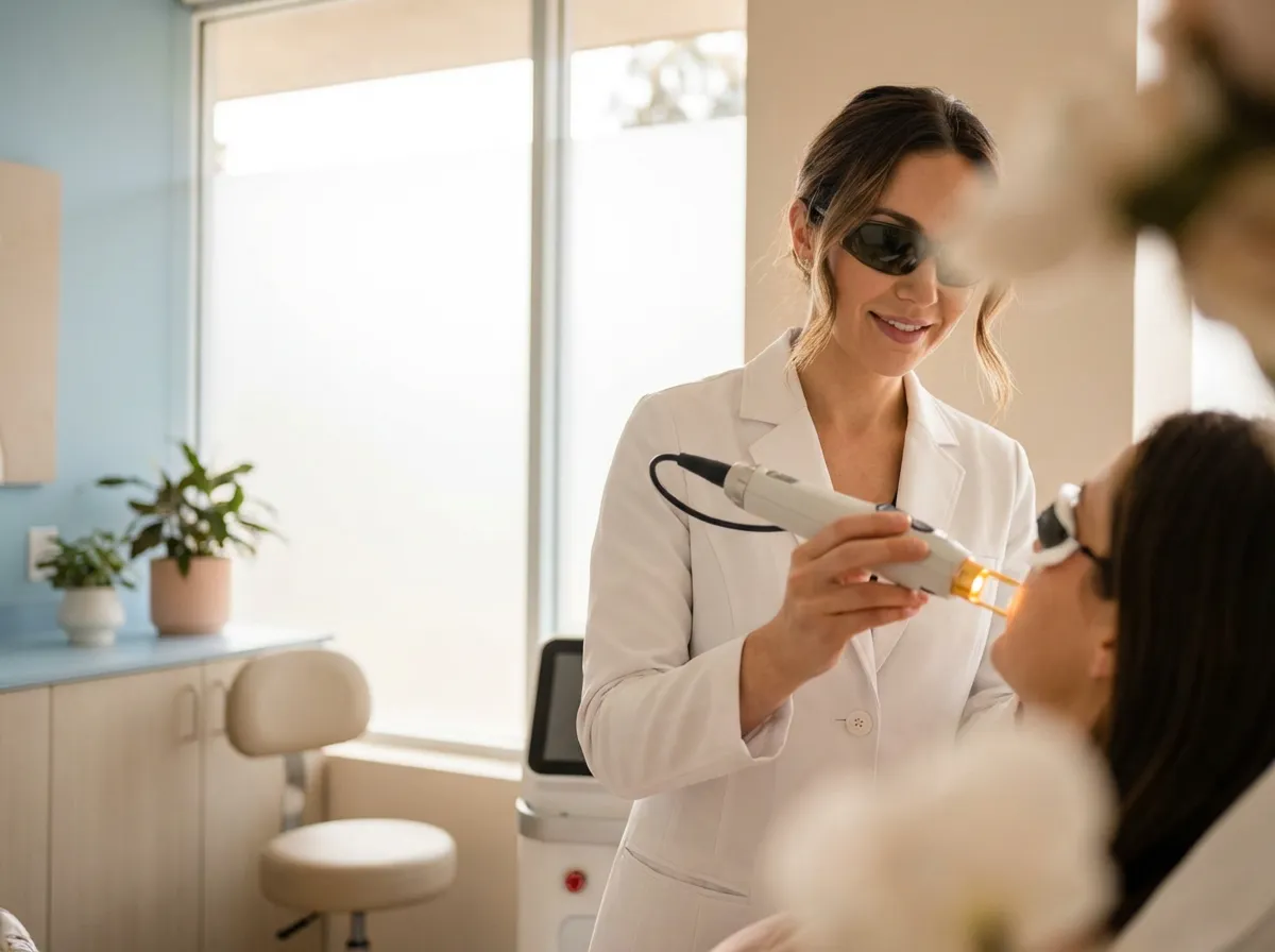 Soin laser médecine esthétique Villeurbanne – praticienne réalisant un traitement laser sur patiente