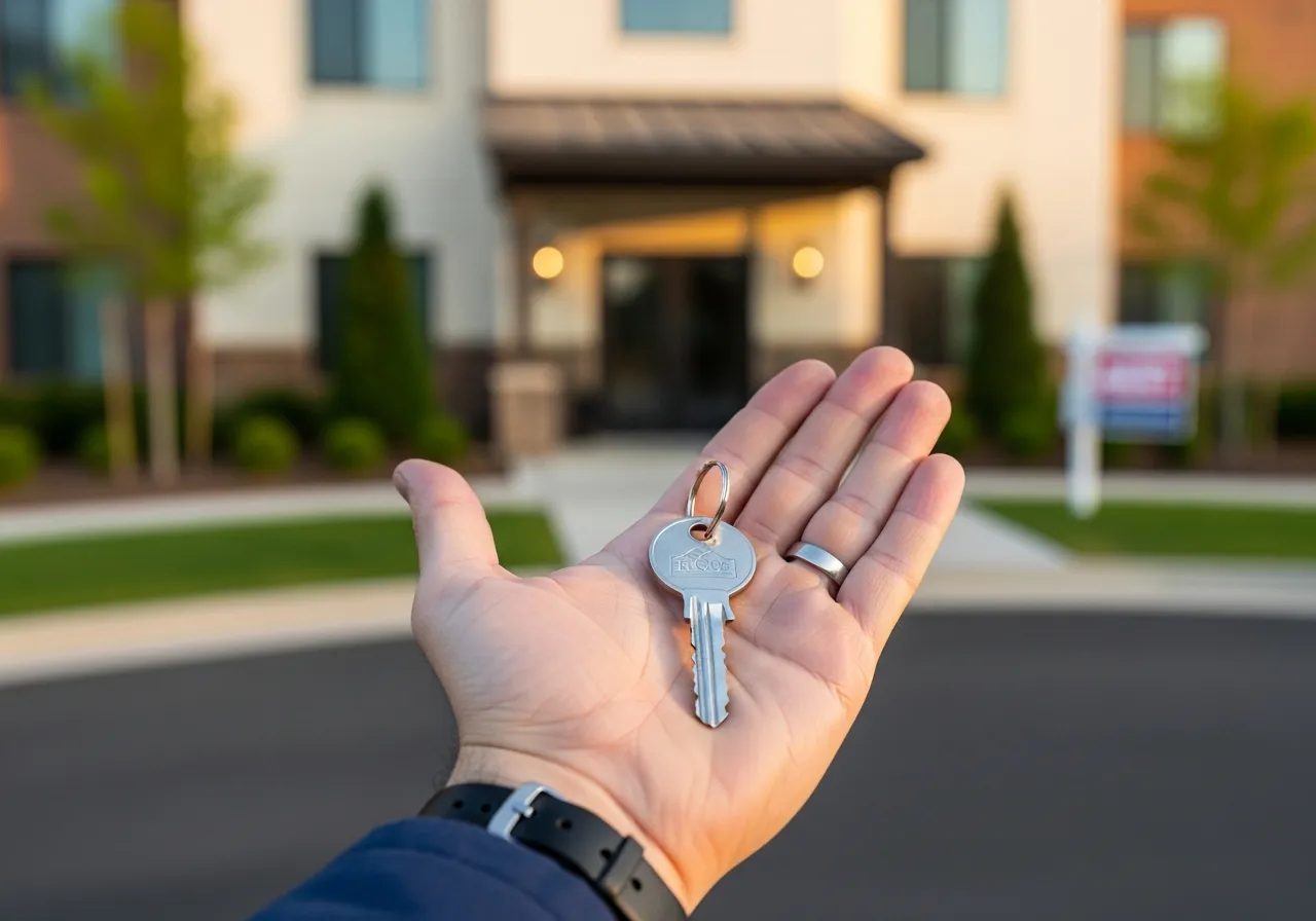 main tenant une clé de propriété tendue devant maison, symbole d'acquisition d'un nouveau bien immobilier