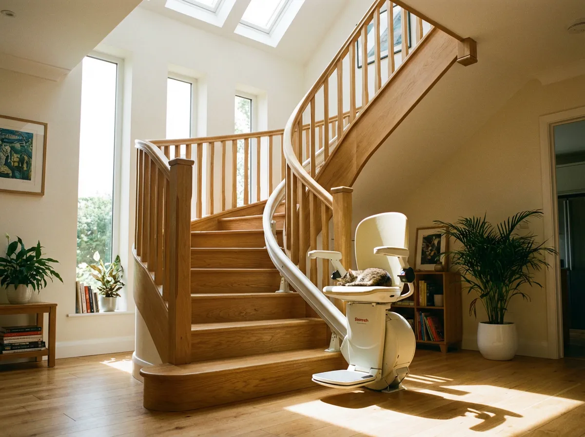 monte-escalier installé sur escalier droit en bois dans maison moderne
