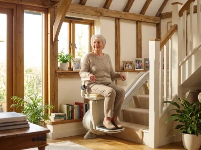 femme sénior radieuse assise sur un monte escalier dans un salon lumineux
