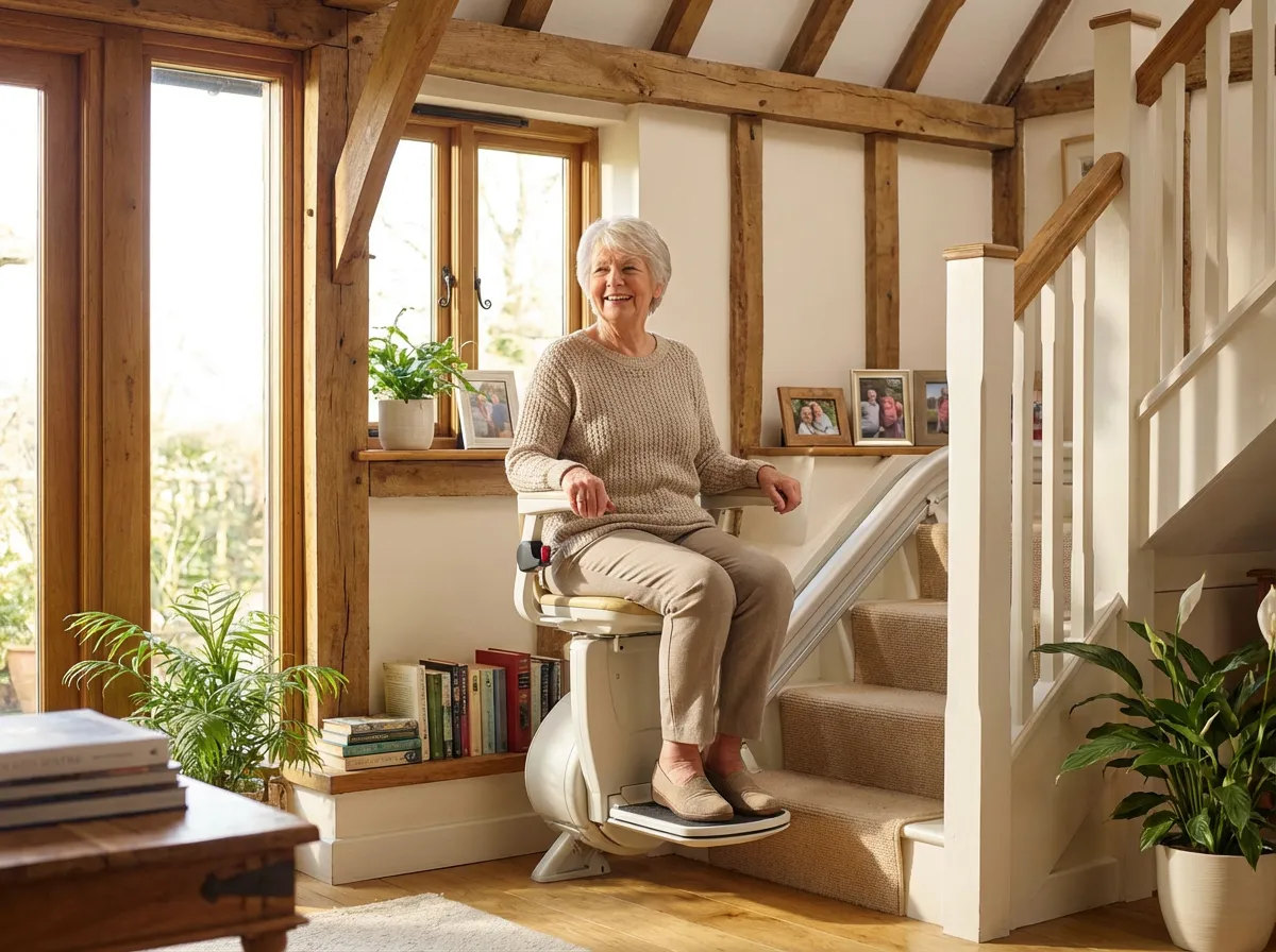 femme sénior radieuse assise sur un monte escalier dans un salon lumineux