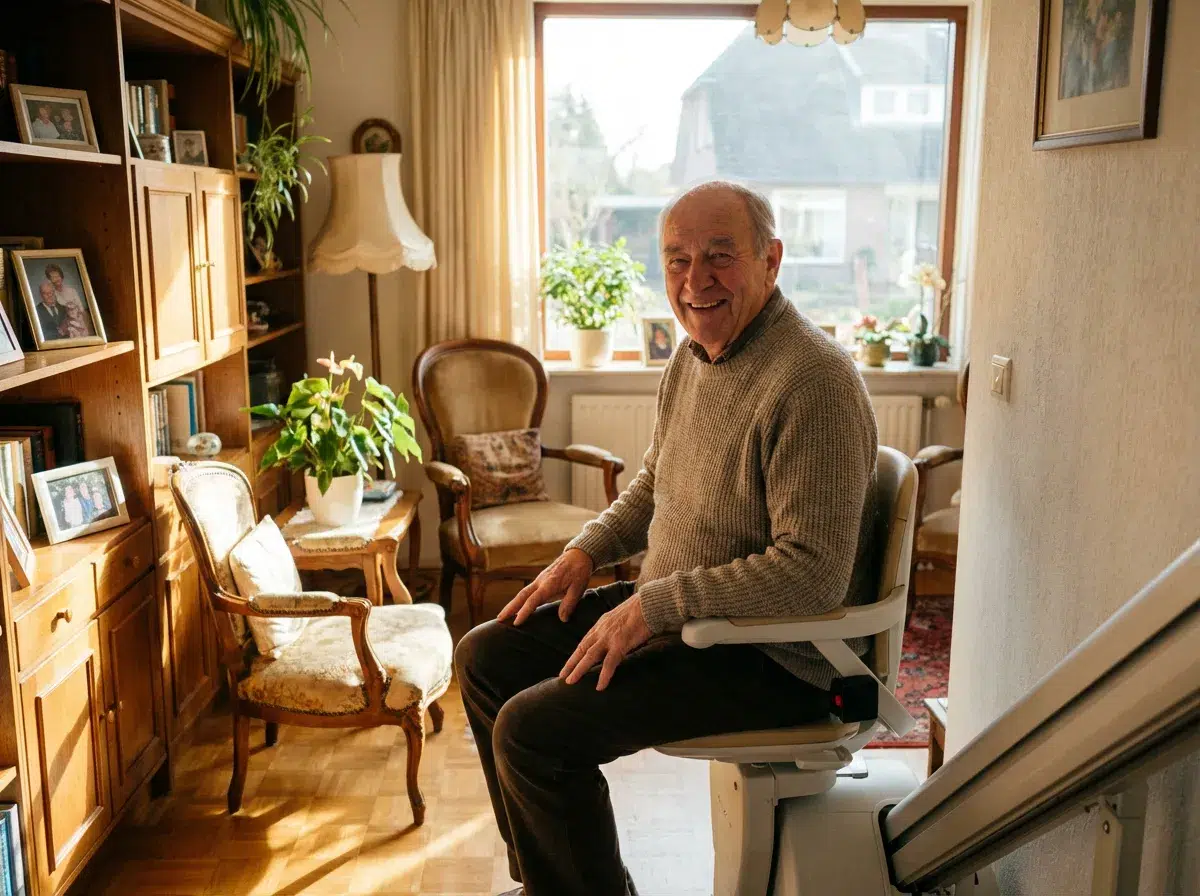 homme agé sur un Monte escaliers senior