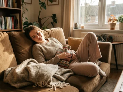 Femme allongée avec une bouillotte sur le ventre pour soulager les douleurs de règles