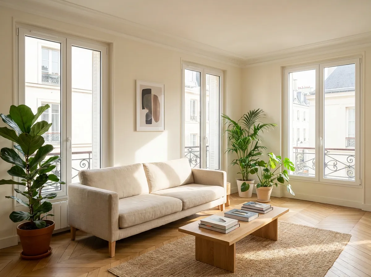 valoriser-logement-avant-vente (1) Salon lumineux avec murs repeints en blanc cassé et grandes fenêtres avant une mise en vente immobilière