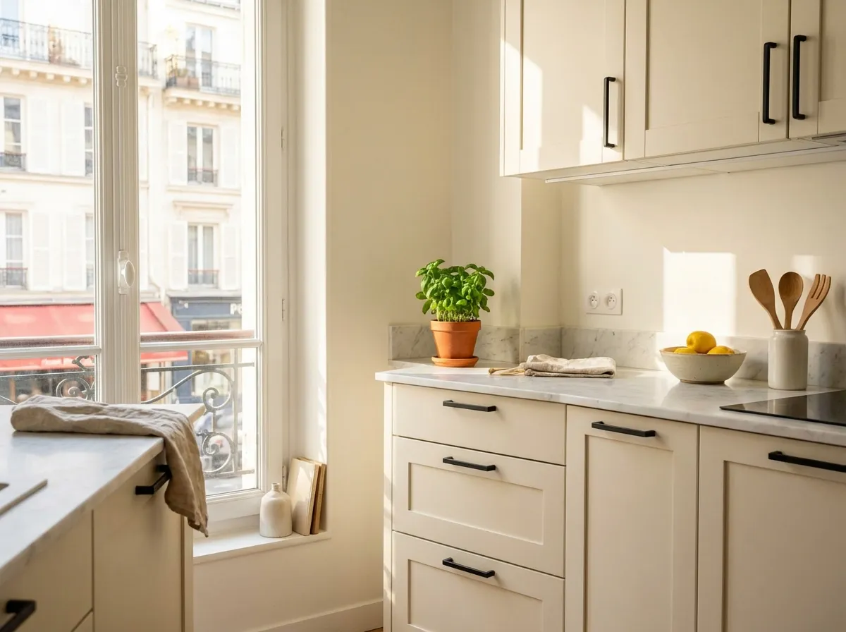 Cuisine home stagée avant visite immobilière avec poignées modernes, plan de travail dégagé et petite plante verte