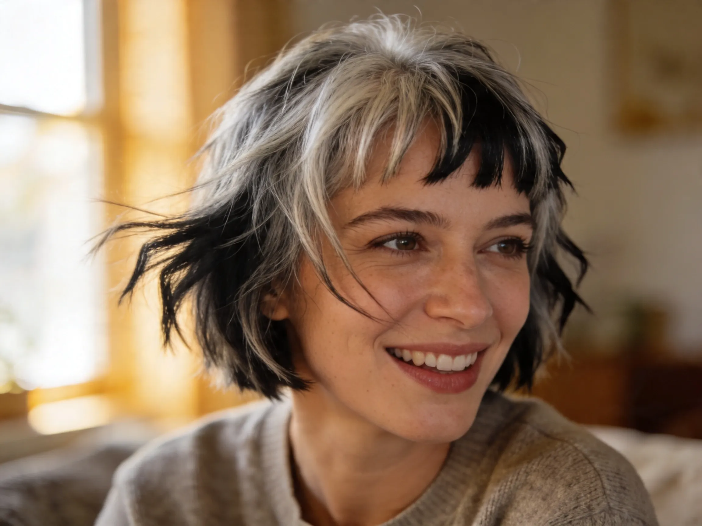 Bob court texturé cheveux sel et poivre, coupe femme moderne effiléeL