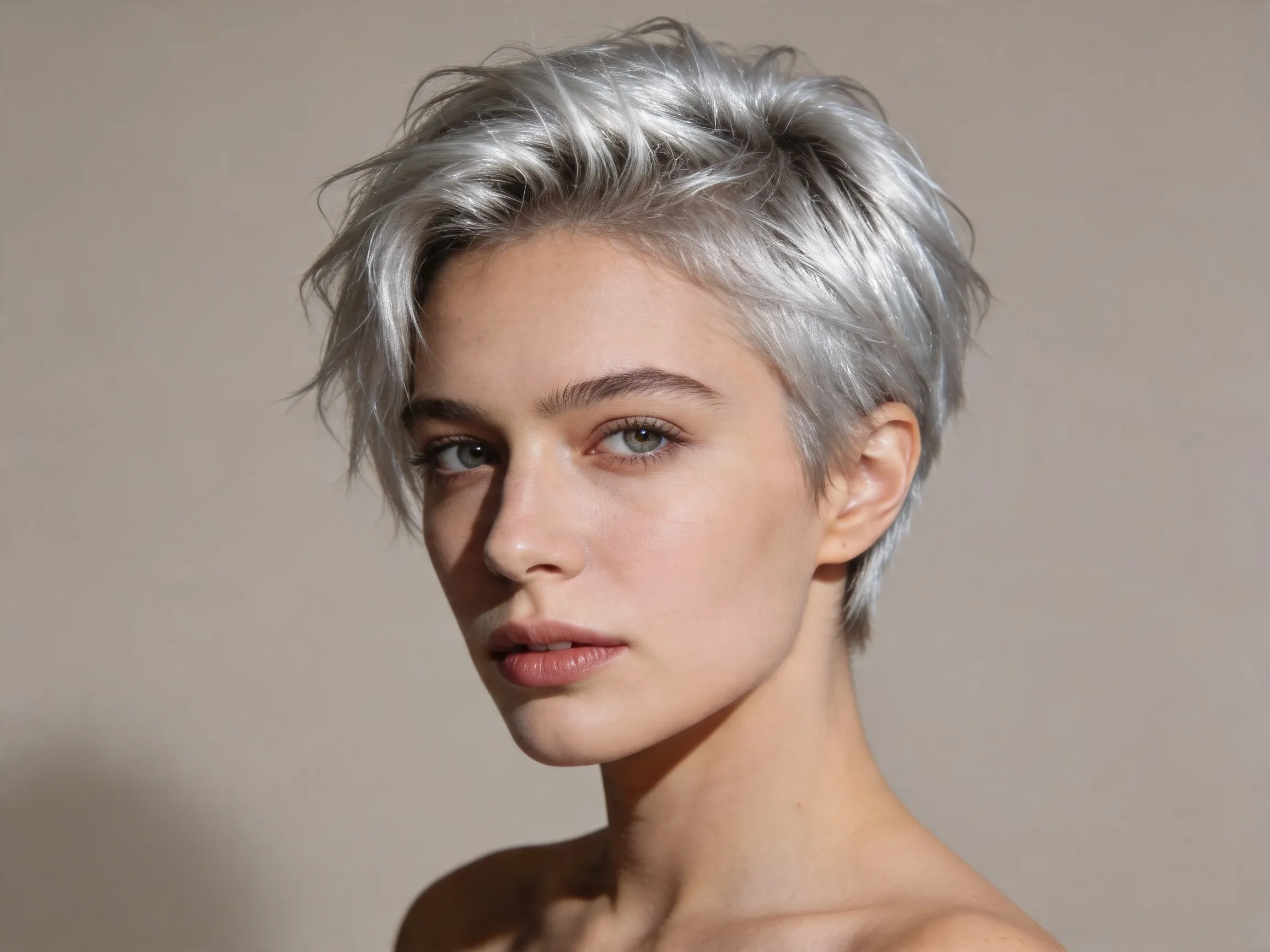 Pixie cut cheveux gris argentés, coupe courte femme nuque dégagée
