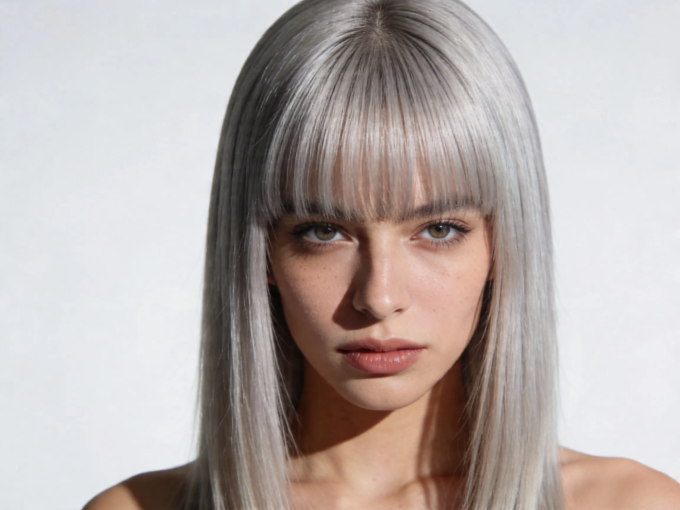 Carré long cheveux gris platine avec frange, coiffure femme élégante