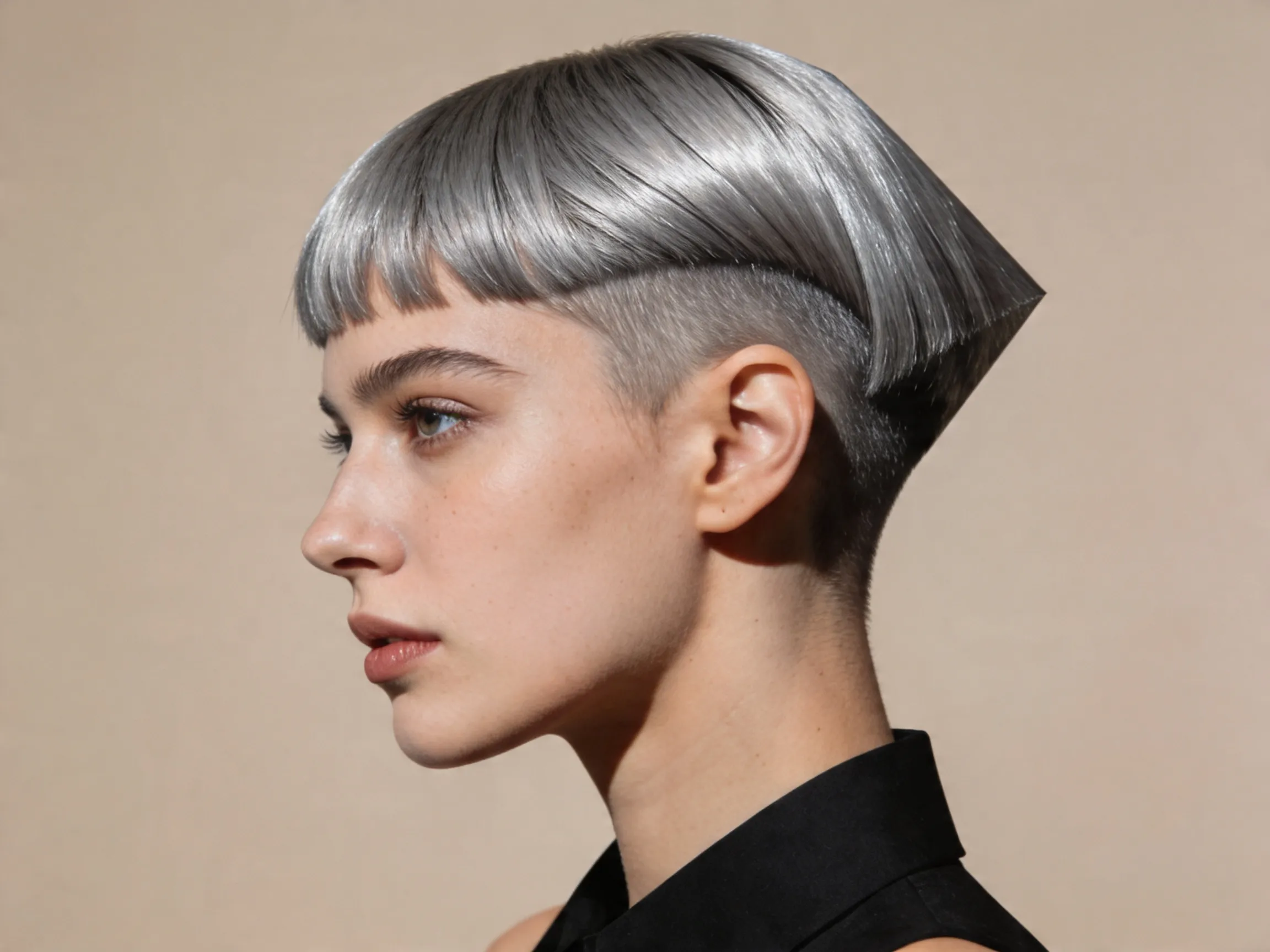 Coupe garçonne cheveux gris acier, dégradé court femme moderne