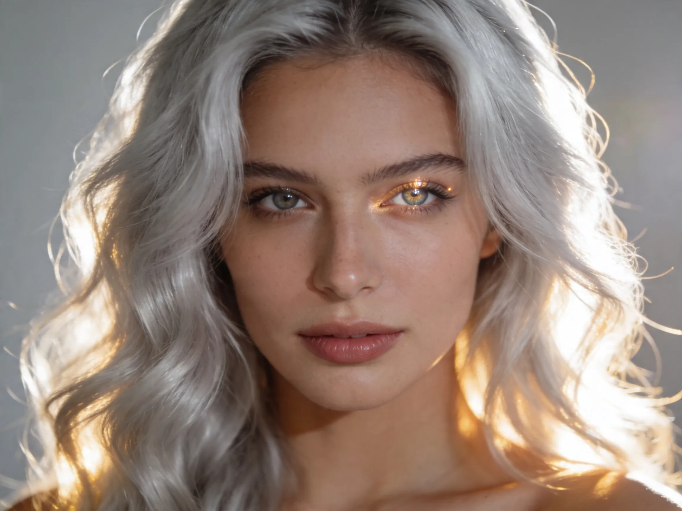 Waves longues cheveux argentés platine, coiffure ondulée femme lumineuse