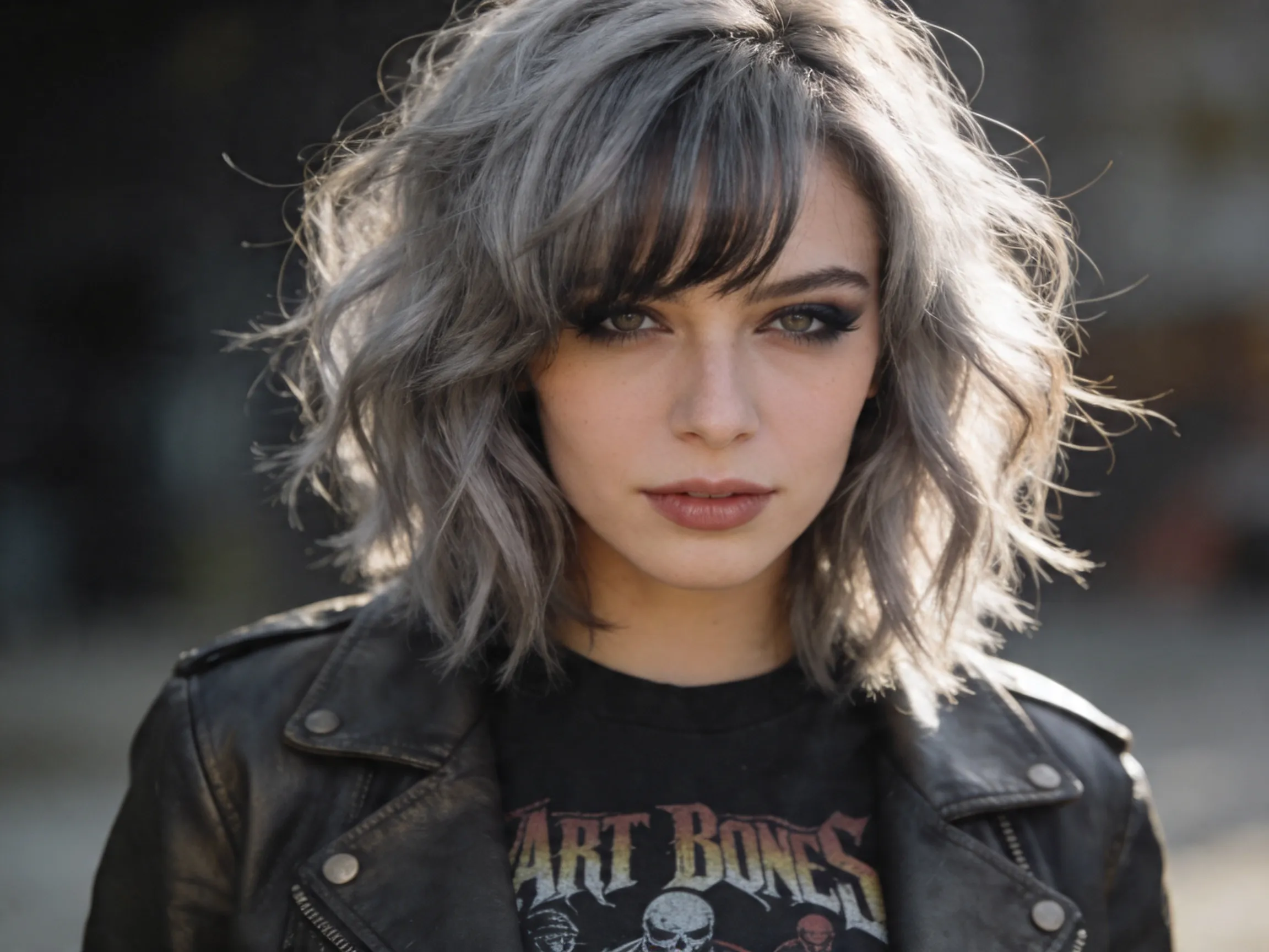 Shag effilé cheveux gris cendré mi-longs, coupe en couches rock moderne