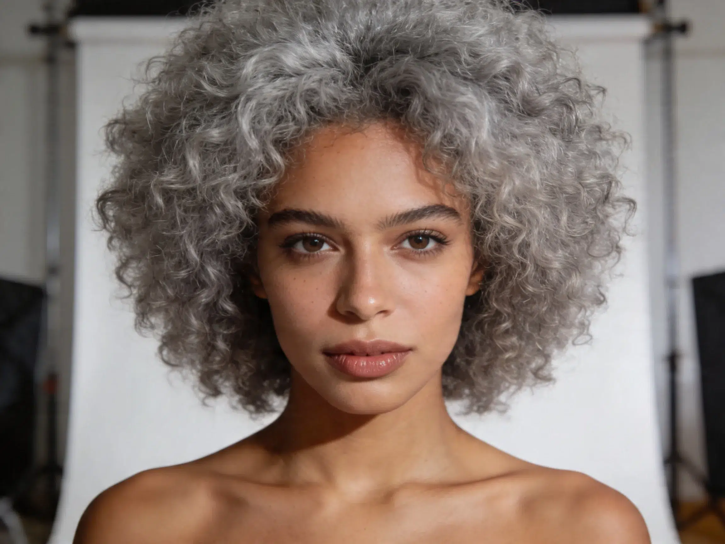 Afro cheveux gris naturels frisés, coiffure femme volume et texture