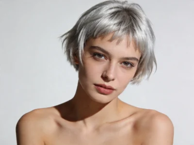 belle jeune femme coiffures de cheveux gris pixie naturel