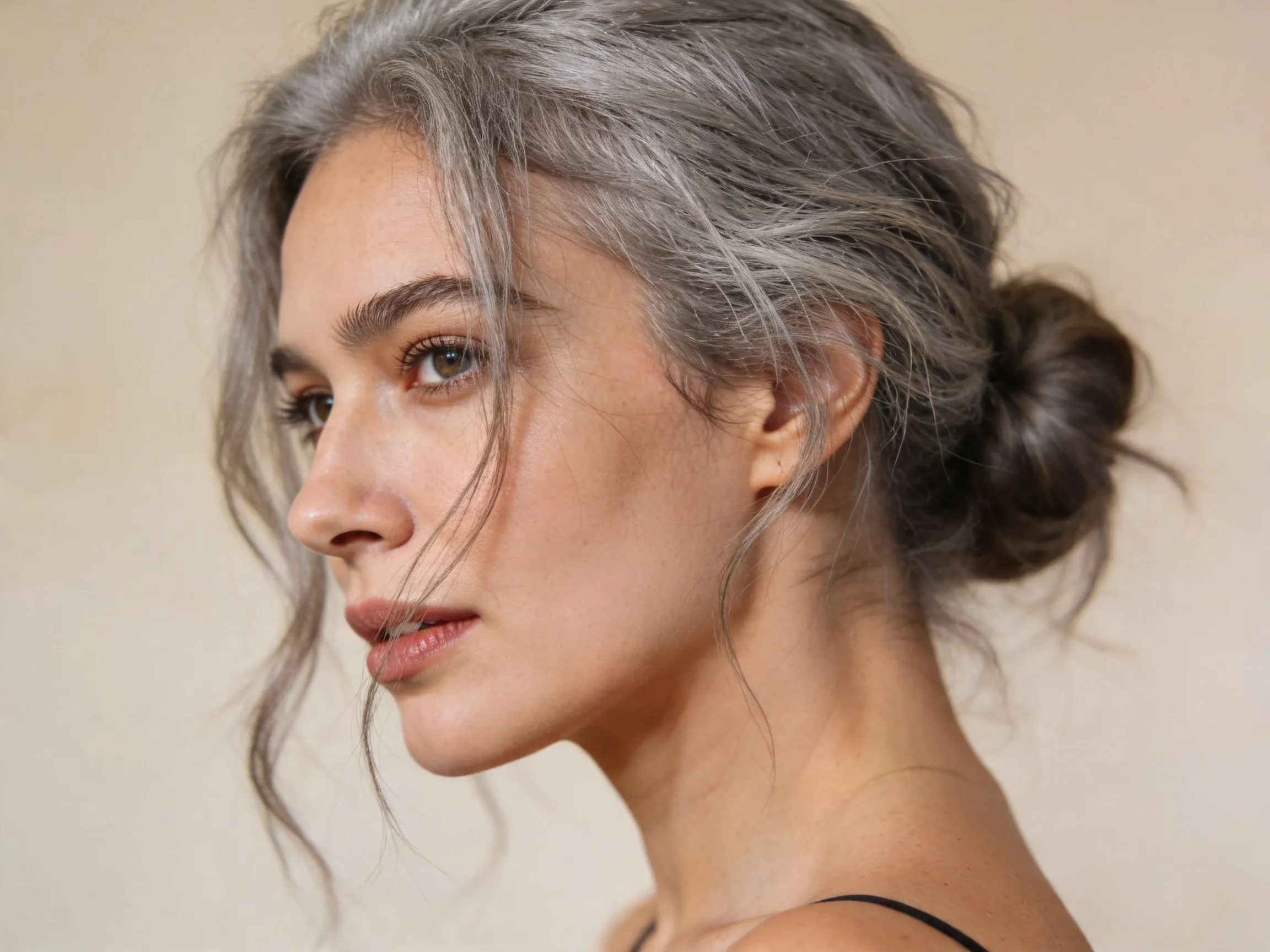 Chignon naturel bas cheveux gris texturés, coiffure femme décontractée chic