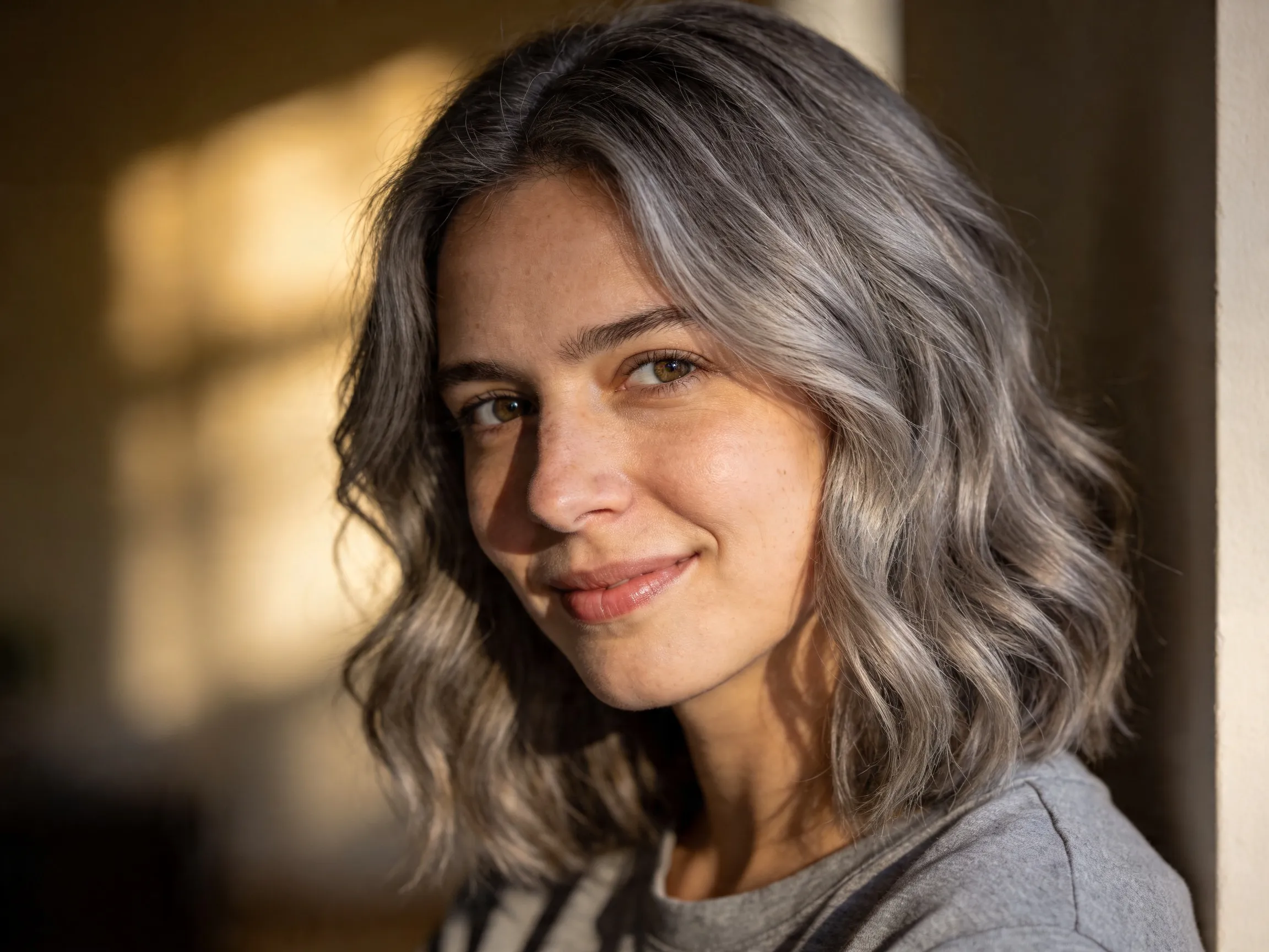 Lob ondulé cheveux gris chauds dorés, coiffure femme naturelle élégante
