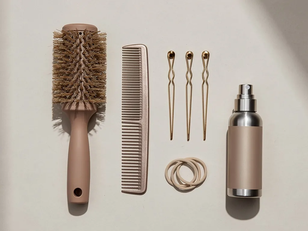 flat lay accessoires brosse, peigne, épingles, laque indispensables pour faire un chignon maison