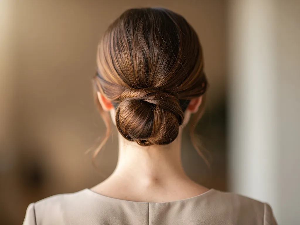 belle femme chignon bas propre et net, vue de dos, cheveux bruns ou châtains avec accessoires adaptés