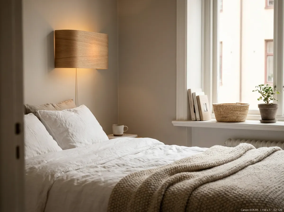 Applique murale en bois clair au-dessus d'une tête de lit dans une chambre scandinave épurée