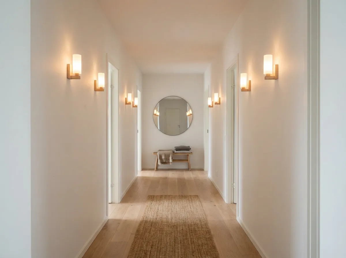 Couloir scandinave avec enfilade d'appliques murales minimalistes créant une galerie lumineuse