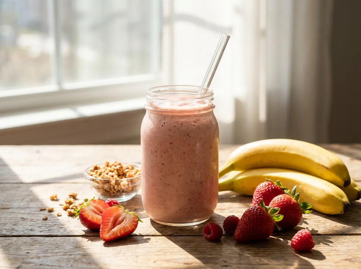 smoothie fraise banane cremeux dans un verre avec fruits frais autour