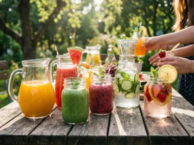 plusieurs boissons maison colorées avec jus smoothies et eau infusée sur une table