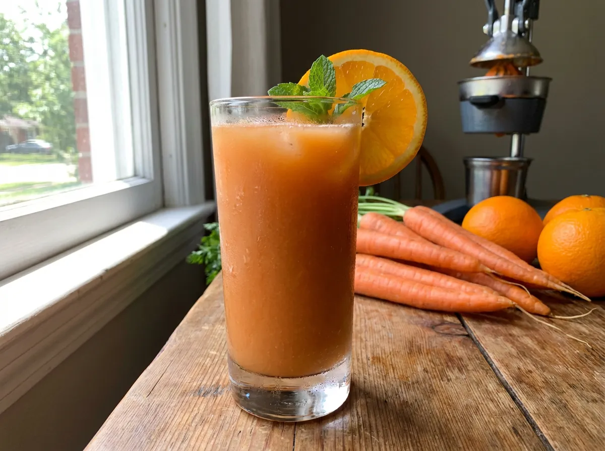verre de jus maison orange et carotte avec fruits frais a cote