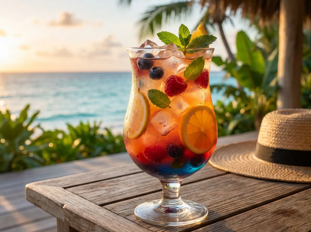 cocktail colore avec fruits et glacons servi dans un verre elegant
