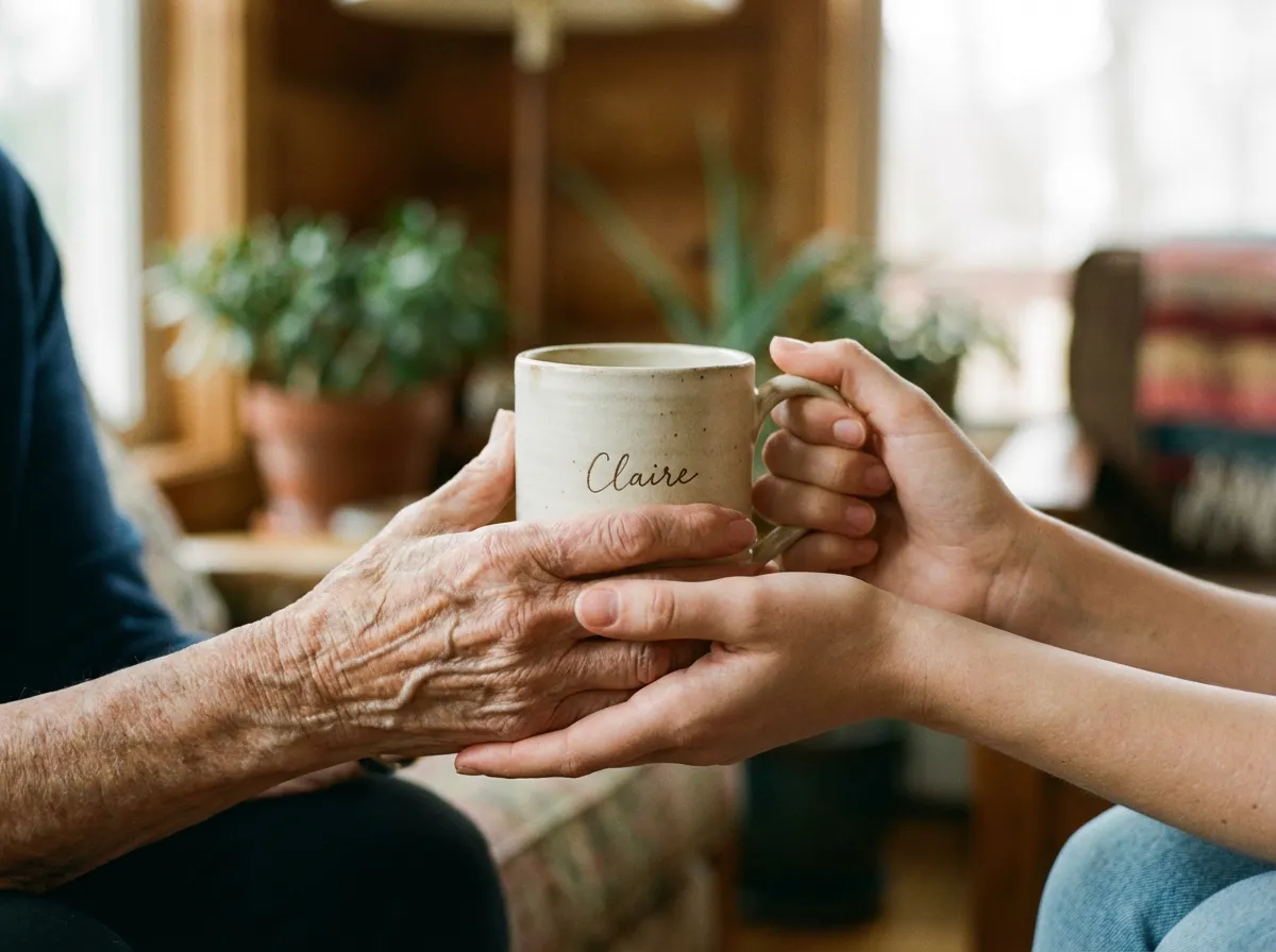 Mug personnalisé avec prénom tenu par deux mains, cadeau fête des mères