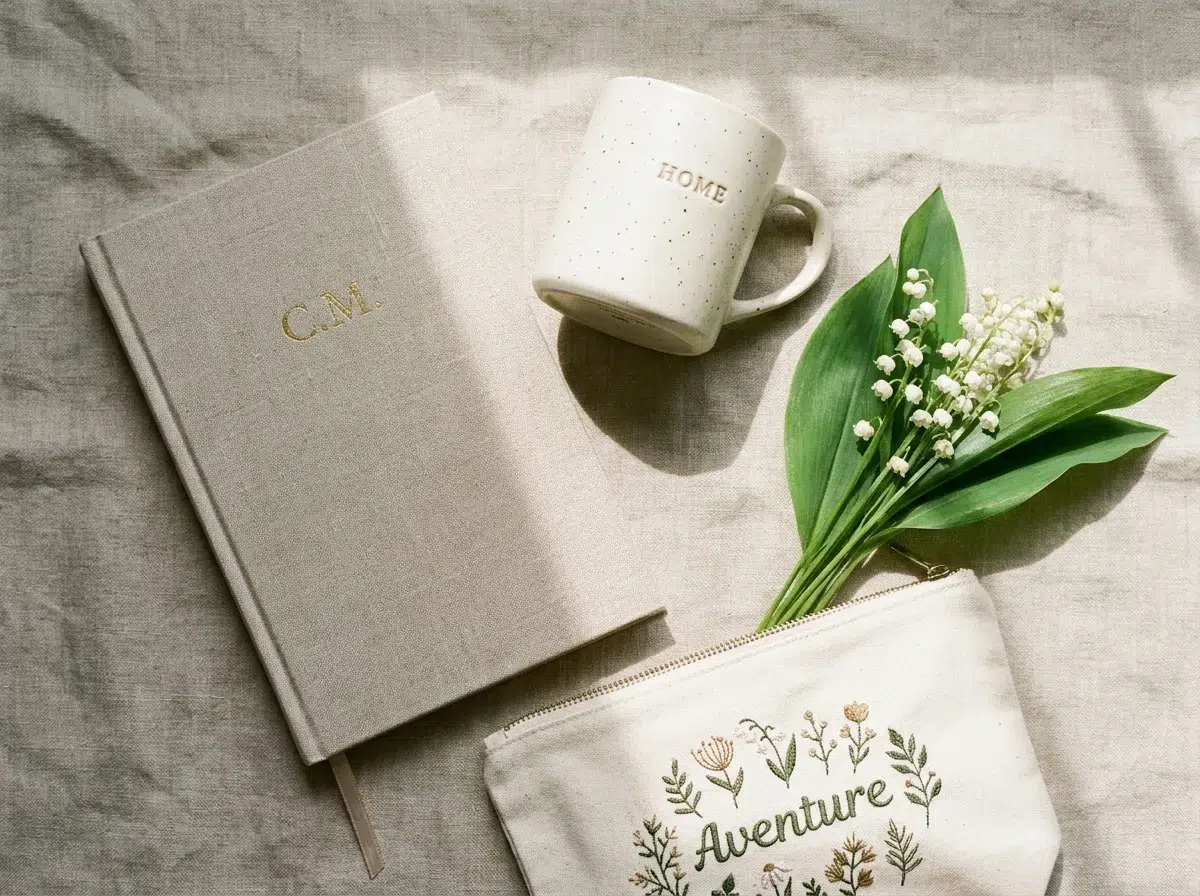 Sélection de cadeaux personnalisés pour la fête des mères disposés en flat lay sur fond naturel