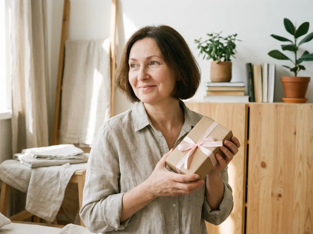 Femme tenant un cadeau emballé avec soin, moment intime fête des mères