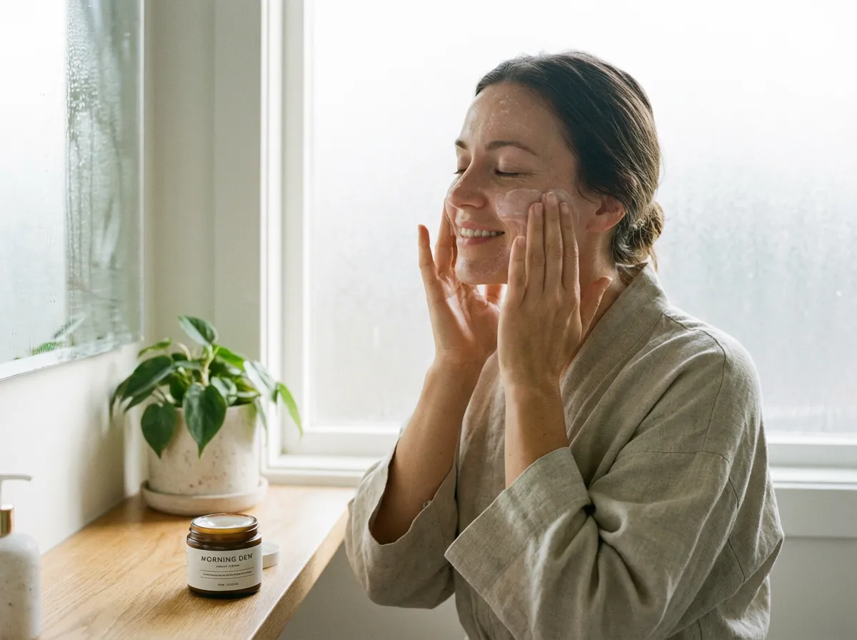 Femme appliquant sa crème visage dans sa routine soin quotidienne