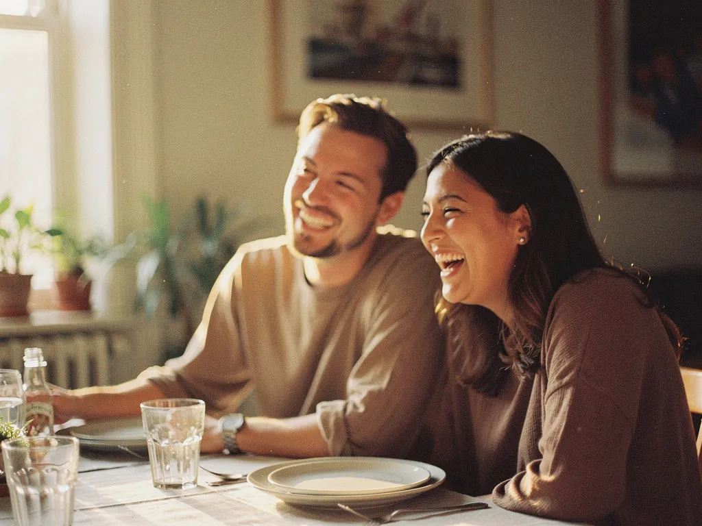 Couple riant ensemble à table dans une atmosphère détendue et complice