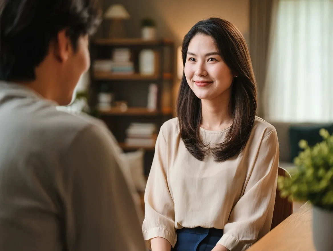 Femme souriante pendant une conversation calme, attitude détendue et ouverte