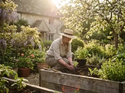 Femme qui plante des semis dans un potager en bois au printemps en avril