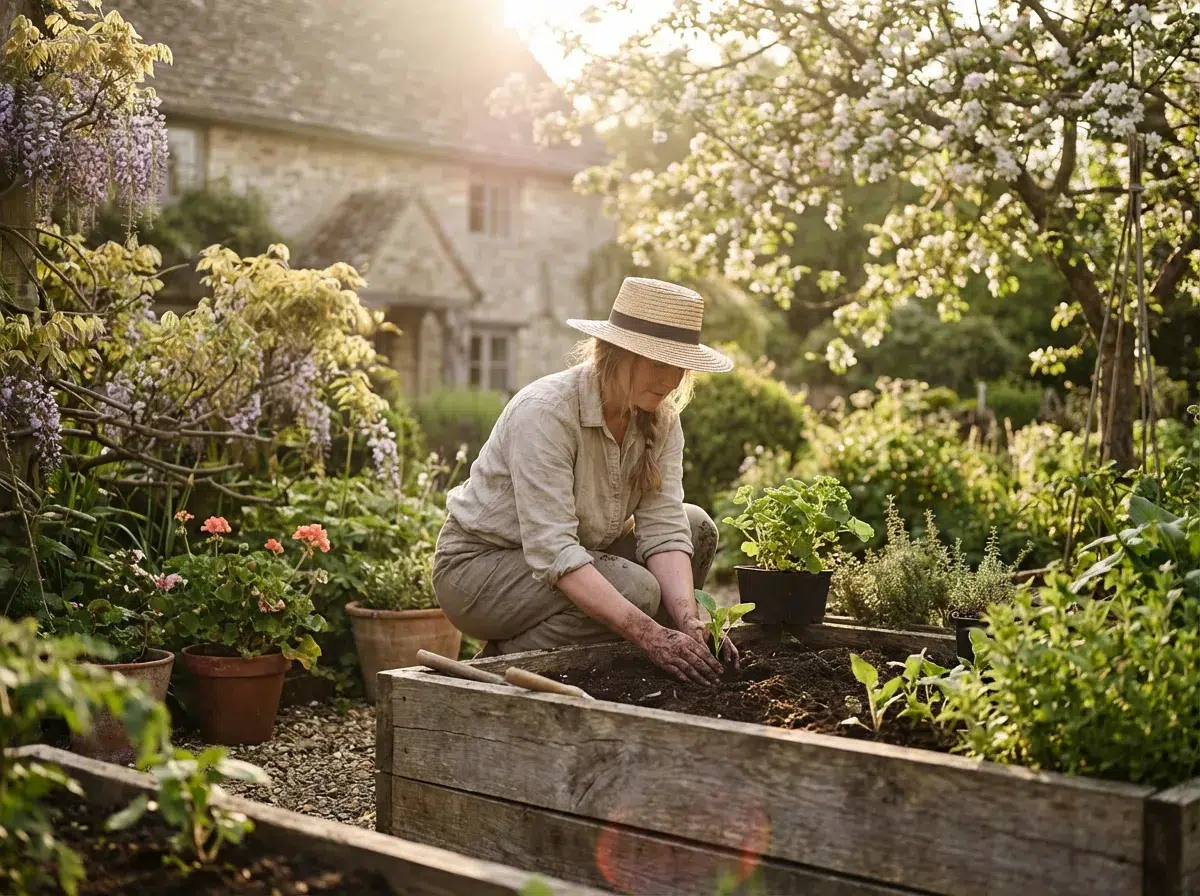 jardin-potager-avril-que-planter (1) Femme qui plante des semis dans un potager en bois au printemps en avril