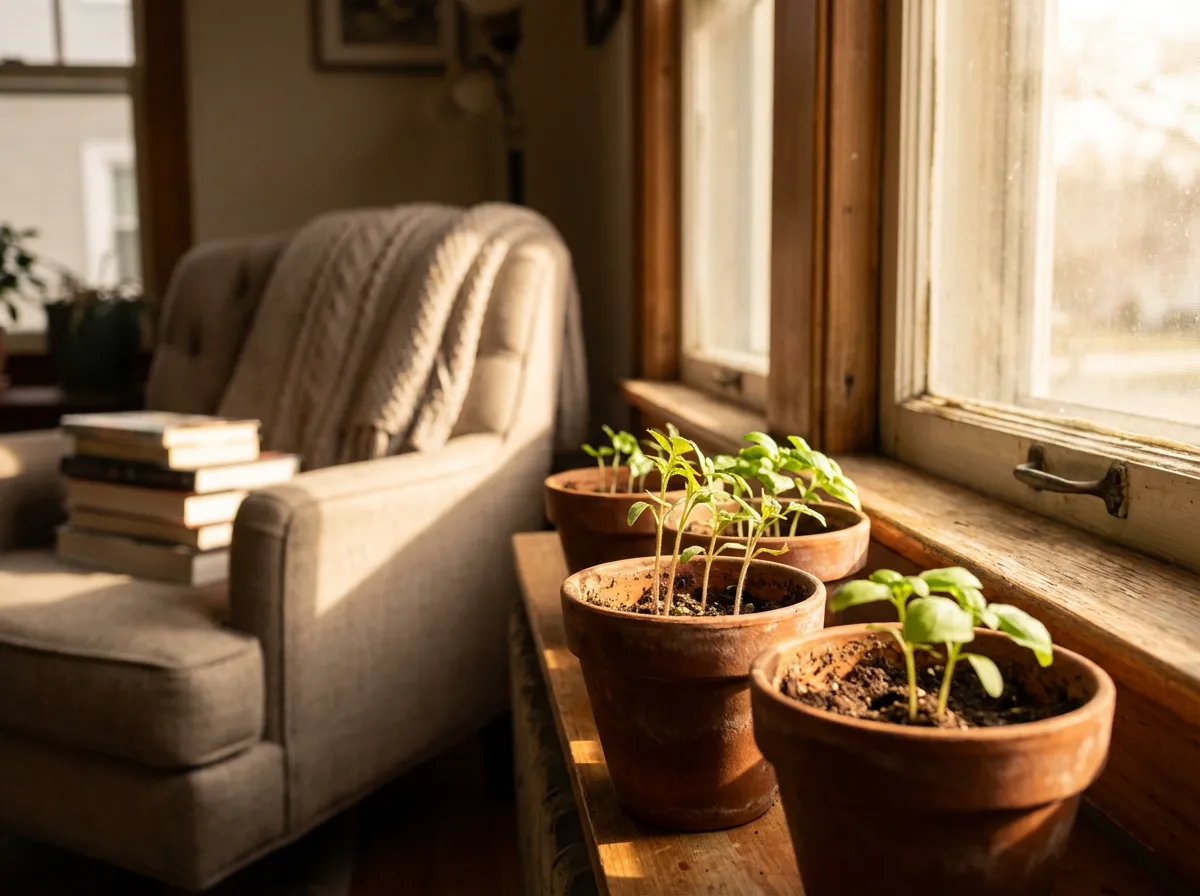 Semis de tomates et d'herbes aromatiques en godets sur un rebord de fenêtre ensoleillé